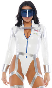 Blast Off space costume includes vinyl long sleeve bodysuit with metallic trim, mock neck collar, American flag and space patches, high cut on the leg, and front zipper closure. Metallic harness and matching garter belt with back hook and loop closures also included. Galaxy visor glasses also included. Four piece set.