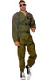 Men's Fighter Pilot costume set includes long sleeve jumpsuit with zipper front closure, banded collar, elastic hem on sleeves and ankles, and embroidered patches including wings, American flag, and US Navy. Adjustable canvas harness with parachute buckle closures and aviator sunglasses also included. Three piece set.