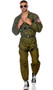 Men's Fighter Pilot costume set includes long sleeve jumpsuit with zipper front closure, banded collar, elastic hem on sleeves and ankles, and embroidered patches including wings, American flag, and US Navy. Adjustable canvas harness with parachute buckle closures and aviator sunglasses also included. Three piece set.