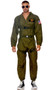 Men's Fighter Pilot costume set includes long sleeve jumpsuit with zipper front closure, banded collar, elastic hem on sleeves and ankles, and embroidered patches including wings, American flag, and US Navy. Adjustable canvas harness with parachute buckle closures and aviator sunglasses also included. Three piece set.