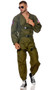 Men's Fighter Pilot costume set includes long sleeve jumpsuit with zipper front closure, banded collar, elastic hem on sleeves and ankles, and embroidered patches including wings, American flag, and US Navy. Adjustable canvas harness with parachute buckle closures and aviator sunglasses also included. Three piece set.