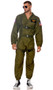 Men's Fighter Pilot costume set includes long sleeve jumpsuit with zipper front closure, banded collar, elastic hem on sleeves and ankles, and embroidered patches including wings, American flag, and US Navy. Adjustable canvas harness with parachute buckle closures and aviator sunglasses also included. Three piece set.