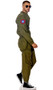 Men's Fighter Pilot costume set includes long sleeve jumpsuit with zipper front closure, banded collar, elastic hem on sleeves and ankles, and embroidered patches including wings, American flag, and US Navy. Adjustable canvas harness with parachute buckle closures and aviator sunglasses also included. Three piece set.