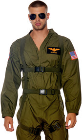 Men's Fighter Pilot costume set includes long sleeve jumpsuit with zipper front closure, banded collar, elastic hem on sleeves and ankles, and embroidered patches including wings, American flag, and US Navy. Adjustable canvas harness with parachute buckle closures and aviator sunglasses also included. Three piece set.