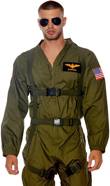Men's Fighter Pilot costume set includes long sleeve jumpsuit with zipper front closure, banded collar, elastic hem on sleeves and ankles, and embroidered patches including wings, American flag, and US Navy. Adjustable canvas harness with parachute buckle closures and aviator sunglasses also included. Three piece set.