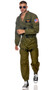 Men's Fighter Pilot costume set includes long sleeve jumpsuit with zipper front closure, banded collar, elastic hem on sleeves and ankles, and embroidered patches including wings, American flag, and US Navy. Adjustable canvas harness with parachute buckle closures and aviator sunglasses also included. Three piece set.