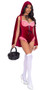 Storybook Red Riding Hood costume includes velvet cape with hood and tie detail, and matching sleeveless romper with ruffle gingham trim, faux peasant top with corset look, and lace up front detail. Two piece set.
