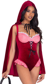 Storybook Red Riding Hood costume includes velvet cape with hood and tie detail, and matching sleeveless romper with ruffle gingham trim, faux peasant top with corset look, and lace up front detail. Two piece set.