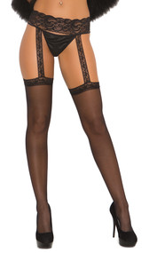 Sheer lace top thigh high stockings with attached lace garter belt.