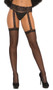 Sheer lace top thigh high stockings with attached lace garter belt.