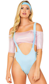 80s Sporty Yuppie costume includes short sleeve off the shoulder sparkle crop top, faux leotard brief with wide shoulder straps, neon leg warmers and headband. Four piece set.