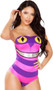 Mischievous Cat costume includes strapless romper with cat face detail, metallic smile, striped pattern and padded tail. One piece set.