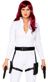 Black Ops Spy costume includes long sleeve catsuit with mock collar, striped seam details and front zipper closure. Holster belt with adjustable parachute buckle closure and double leg garter holsters also included. Two piece set.