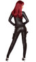 Alluring Assassin costume includes faux leather long sleeve catsuit with front zipper closure, and holster belt with adjustable parachute buckle closure and double leg garter holsters. Two piece set.