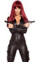 Alluring Assassin costume includes faux leather long sleeve catsuit with front zipper closure, and holster belt with adjustable parachute buckle closure and double leg garter holsters. Two piece set.