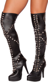 Faux leather over the knee footless leggings with spiked studded detail and back zipper closure. Designed to go over your own shoes to provide a faux tall boot look.