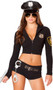 Officer Hottie costume includes long sleeve crop top with zipper front, collar and police patch with mini shorts. Accessories including play handcuffs, belt, plastic baton, hat and badge also included. Seven piece set.