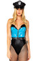 Nightshift Babe Police Officer costume includes sleeveless two toned vinyl bodysuit with clear adjustable shoulder straps, breast pocket accents, and front and back zipper closures. Adjustable grommet belt and patrol hat with badge accent also included. Three piece set.