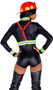 Hot Fire Woman costume includes long sleeve wet look bodysuit with reflective stripe accents, mock neck and front zipper closure. Matching belt with parachute style buckle and clip on suspenders with O ring details also included. Red firefighter plastic helmet also included. Three piece set.