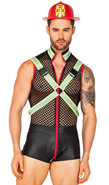 Fireman Fever costume includes sleeveless wet look bodysuit with sheer fishnet top, reflective stripe accents, mock collar and front zipper closure. Matching harness with O ring centers and parachute style buckle closures also included. Red firefighter plastic helmet also included. Three piece set.