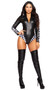 Biker Gal costume includes long sleeve wet look bodysuit with checkered detail, collar with studded detail on lapels, and front zipper closure.