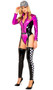 Racetrack Diva costume includes long sleeve wet look vinyl bodysuit with metallic hot pink iridescent front, checkered sleeve detail, mock neck collar, and front zipper closure. Matching garter belt with adjustable buckle closure and thigh high footless leggings with checkered detail also included. Three piece set.