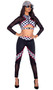 Sexy Race Car Driver costume includes long sleeve crop top with checkered front, contrast red trim, sheer mesh sleeves and back, mock neck collar, sexy underbust cut out with parachute buckle closure, and front zipper closure. Matching pants also included. Two piece set.