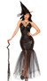 Witch with an Evil Spell deluxe costume set includes strapless padded corset with dramatic pointed cups, a sparkly sequin fabric, boning, lace up back and zipper closure. Matching mermaid skirt with wet look and sequin top and flared tulle bottom also included. Pointed witch hat with tulle accent also included. Three piece set.