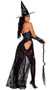 Bewitching Beauty deluxe costume set includes sleeveless vinyl and lace bodysuit with criss cross halter straps and O ring accent with zipper back closure. Studded vinyl garter belt with attached sheer lace draped long open front skirt, O ring details and detachable leg garters also included. Pointed vinyl witch hat with wide brim also included. Three piece set.