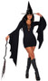 Midnight Coven Witch costume set includes long sleeve mini dress with lace up detail over deep V neckline and dramatic draped flared sleeves resembling pointed bat wings. Vinyl witch hat with wide brim also included. Two piece set.