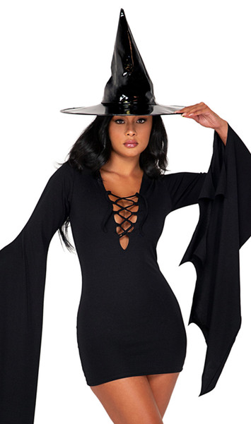 Midnight Coven Witch costume set includes long sleeve mini dress with lace up detail over deep V neckline and dramatic draped flared sleeves resembling pointed bat wings. Vinyl witch hat with wide brim also included. Two piece set.