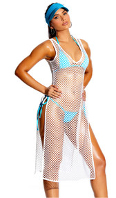 Crochet swim cover up dress with wide shoulder straps, high side slits, and sheer wide fishnet design.