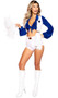 Cheerleader costume includes crop top with long puff sleeves, tie front and collar. Vest with star patch and fringe detail also included. High waisted shorts, belt and and pom poms also included. Five piece set.