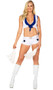 Touchdown Cheer cheerleader costume includes sleeveless two-tone crop top with tie front, booty shorts with star patches, belt and and pom poms. Four piece set.