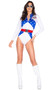 Bike Racer costume includes long sleeve bodysuit with star print detail, mock neck, American flag patch, front zipper closure and attached belt with parachute buckle closure. One piece set.