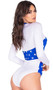 Bike Racer costume includes long sleeve bodysuit with star print detail, mock neck, American flag patch, front zipper closure and attached belt with parachute buckle closure. One piece set.