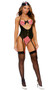 Treasure Hunter pirate costume includes sleeveless teddy with striped panels, satin bow, cut out front and back, halter neck, gold faux button accents, attached adjustable garters, and cheeky cut back. Mini hat with lace and bow also included. Two piece set.
