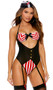 Treasure Hunter pirate costume includes sleeveless teddy with striped panels, satin bow, cut out front and back, halter neck, gold faux button accents, attached adjustable garters, and cheeky cut back. Mini hat with lace and bow also included. Two piece set.