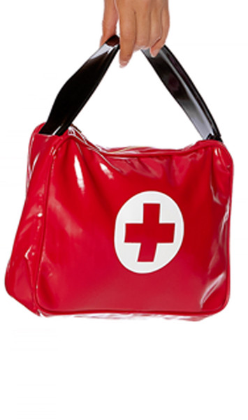 Vinyl first aid costume bag features a medical cross logo on front side, wide carrying strap and top gold zipper closure.