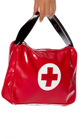 Vinyl first aid costume bag features a medical cross logo on front side, wide carrying strap and top gold zipper closure.