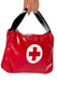 Vinyl first aid costume bag features a medical cross logo on front side, wide carrying strap and top gold zipper closure.