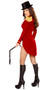 Sassy Ring Leader costume set includes long sleeve jacket with cropped front and long coattails, gold fringe epaulettes, mock neck collar and gold trim. Strapless stretch romper with gold embellishments, top hat and whip also included. Four piece set.