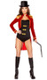 Sassy Ring Leader costume set includes long sleeve jacket with cropped front and long coattails, gold fringe epaulettes, mock neck collar and gold trim. Strapless stretch romper with gold embellishments, top hat and whip also included. Four piece set.