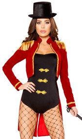 Sassy Ring Leader costume set includes long sleeve jacket with cropped front and long coattails, gold fringe epaulettes, mock neck collar and gold trim. Strapless stretch romper with gold embellishments, top hat and whip also included. Four piece set.