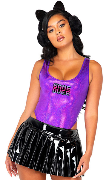 Video Game Vixen costume set includes sleeveless pull on metallic bodysuit with wide shoulder straps, high cut on the leg and GAME OVER print. Vinyl pleated mini skirt and plush cat ear faux headphones head piece also included. Three piece set.