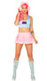 Video Game Doll costume set includes sleeveless pull on crop top with GAME OVER print. Pleated mini skirt and plush cat ear faux headphones head piece also included. Three piece set.