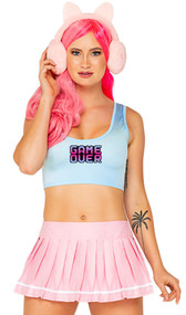 Video Game Doll costume set includes sleeveless pull on crop top with GAME OVER print. Pleated mini skirt and plush cat ear faux headphones head piece also included. Three piece set.