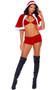 Santa's Naughty Helper costume set includes velvet string bra top, matching booty shorts, and matching cape with hood and faux fur trim. Three piece set.