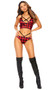Buffalo plaid print cami top with strappy detail over deep V front, adjustable criss cross shoulder straps, and front button closure. Matching panty with ruched back also included. Two piece set.