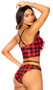 Buffalo plaid print cami top with strappy detail over deep V front, adjustable criss cross shoulder straps, and front button closure. Matching panty with ruched back also included. Two piece set.
